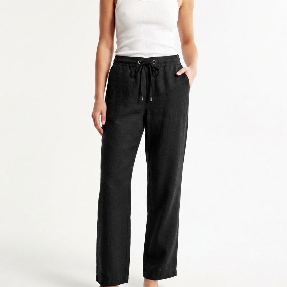 Counterparts Pants Womens 14 Black Linen Blend Drawstring Elastic Waist Straight